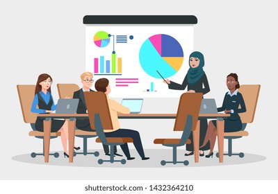 Business meeting vector. Arab businesswoman at project strategy infographic. Team seminar, presentation conference concept. Illustration of business meeting, show infographic office