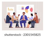 Business Meeting. Vector cartoon illustration in a flat style of group of diverse people leading a discussion at a table near a whiteboard with charts and graphs. Isolated on background