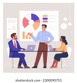 Business Meeting. Vector cartoon illustration in a flat style of three diverse people leading a discussion at a table near a whiteboard with charts and graphs. Isolated on background