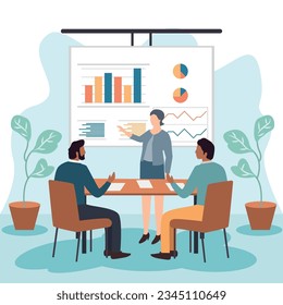 Business Meeting. Vector cartoon illustration in a flat style of a group of diverse people leading a discussion at a table near a whiteboard with charts and graphs. Isolated on background