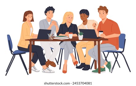 Business Meeting. Vector cartoon illustration in a flat style of group of diverse people leading a discussion at a table near a whiteboard with charts and graphs. Isolated on background