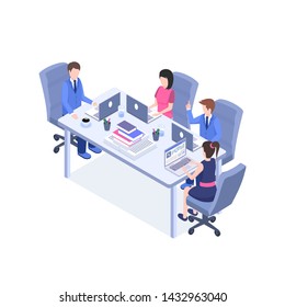 Business meeting vector color isometric illustration. Office staff, managers, employee 3d cartoon characters. Teamwork, coworkers exchanging ideas, making discussion, briefing, brainstorming