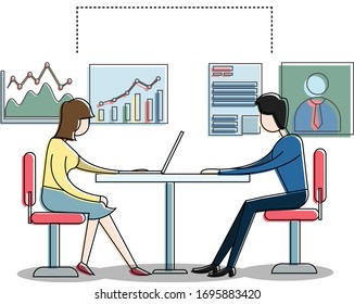 Business meeting vector concept with businessman and businesswoman having a business discussion, isolated in white background with business charts and documents
