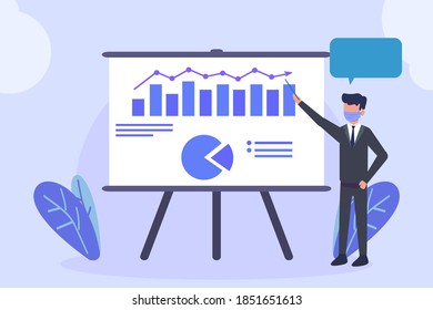 Business meeting vector concept: Businessman leading a presentation explaining charts on the whiteboard