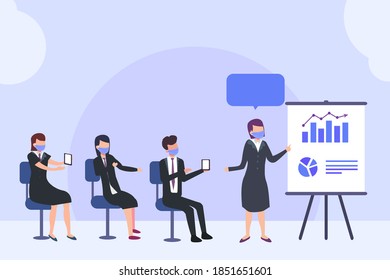 Business meeting vector concept: Businesswoman leading a presentation to a small group of business people in an office during pandemic
