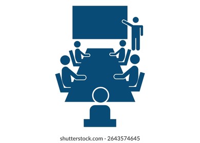 Business meeting vector icon people planning. Board room members sitting around a table. Meeting icon concept isolated on white background. Dialog man icon.