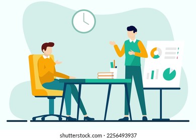 Business meeting. Vector illustration in flat design style. Man and woman sitting at the table, discussing business strategy.