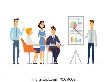 Business Meeting - vector illustration of an office situation. Cartoon people characters of young men, women at work. Male colleague making presentation, showing charts, reporting, training staff