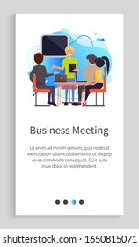 Business meeting vector, man and woman looking at screen, presentation and planning of new steps and strategy, workers on conference listening. Website or app slider template, landing page flat style