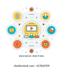 Business meeting. Vector thin line business concept. Flat style illustration for website banner or promotional materials. Line icons and design elements
