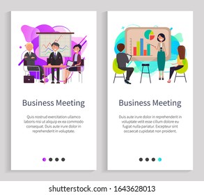 Business meeting vector, woman giving presentation presenting new concept and details of project, whiteboard with planning, partners set. Website or slider app, landing page flat style