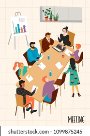 Business meeting. Vectpr illustration with characters. Design elements