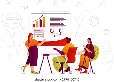 Business meeting web concept. Colleagues discussing work tasks at conference. People scene with flat line characters design for website. Vector illustration for social media promotional materials