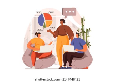 Concepto web de reunión de negocios en diseño plano. Hombres y mujeres discuten las tareas y analizan las estadísticas empresariales en la oficina. Colegas con lluvia de ideas en la conferencia. Ilustración vectorial con escena de personas
