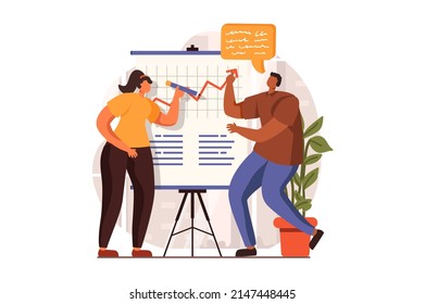 Business Meeting Web Konzept in flachem Design. Mann und Frau analysieren Daten und Statistiken, generieren und diskutieren Ideen. Kolleginnen und Kollegen, die sich auf der Konferenz vernommen haben. Vektorgrafik mit Menschen-Szene