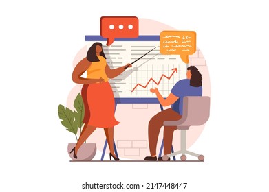 Concepto web de reunión de negocios en diseño plano. El entrenador asesora a los empleados, las mujeres discuten las tareas laborales en la presentación de informes. Colegas con lluvia de ideas en la conferencia. Ilustración vectorial con escena de personas