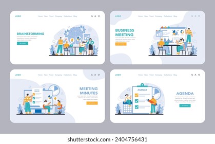 Business meeting web or landing page set. Team brainstorming, strategic session planning, minutes recording, and agenda setting. Flat vector illustration.