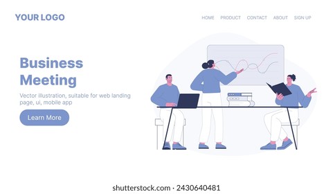 Business Meeting. Web Landing Page Design. Flat Cartoon Vector Illustration. Vector illustration, suitable for web landing page, ui, mobile app.