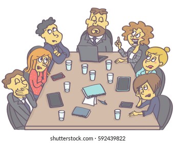 Business meeting with woman employee having a suggestion while coworkers are making fun of her.