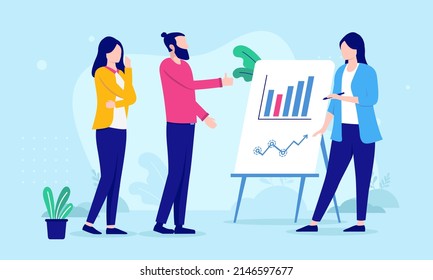 Business meeting with woman presenting results and discussing graph and chart. Flat design vector illustration