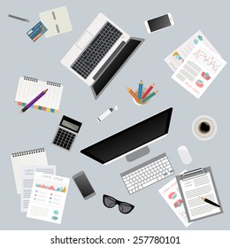 Business meeting. Working place in flat design. Constructor of your own work space. Vector illustration
