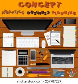 Business meeting. Working place in flat design. Constructor of your own work space. Vector illustration