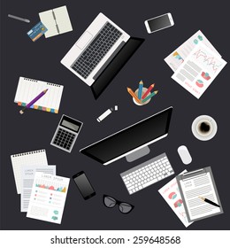 Business meeting. Working place in flat design. Constructor of your own work space. Vector illustration