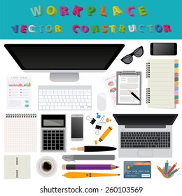 Business meeting. Working place in flat design. Constructor of your own work space. Vector illustration 