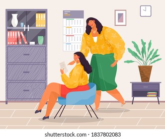 Business meeting or working process in the head office. Woman boss sitting on chair reading document, talking to manager. Project management and teamwork concept. Businesswoman checks new contract