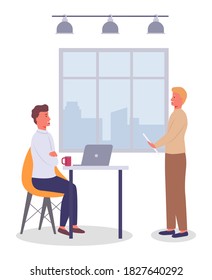 Business meeting, working process. Man manager consulting talking to boss about conclusion of a new contract. Businessman chief sitiing at a table listening to employee holding paper document in hand