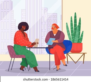 Business meeting or working process in office workspace. Woman boss sitting on chair reading document, talking to manager. Project management and teamwork concept. Businesswoman checks report