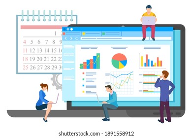 Business meeting or working process. Office workers standing and sitting near big screen with laptops. Business people man and woman talking communication, discuss presentation graph and chart