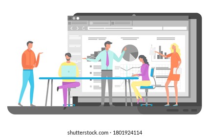 Geschäftstreffen oder Arbeitsprozess. Arbeitsraum, Büroangestellte stehen und sitzen am Schreibtisch mit Laptops. Geschäftsleute, die Kommunikation miteinander kommunizieren, Präsentationsgrafik und -diagramm diskutieren
