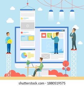 Business meeting or working process. Working space, office workers standing and sitting at desk with laptop. Business people talking communication, discuss presentation, making website page design