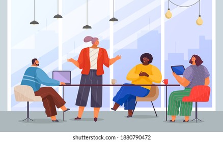 Business meeting, working process. Woman manager talking to boss about conclusion of a new contract. Businessman chief sitting at a big table in office room typing on the laptop, brainstorm team