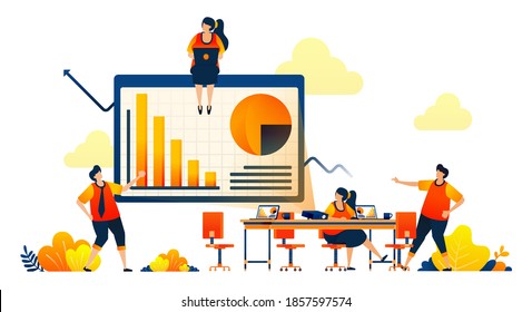 Business meeting in workspace with projectors, debate, bar chart diagram. Vector illustration concept can be use for landing page, template, ui ux, web, mobile app, poster, banner, website, flyer