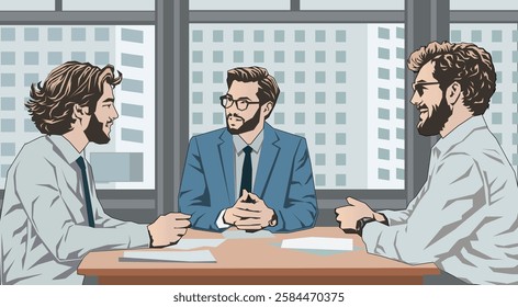 Business meeting, young executive brainstorming meeting at the office, vector illustration.