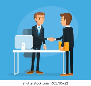 Business meeting.Employee shaking hands with boss, director, leader executive. Manager, assistant visit came to his boss for report.