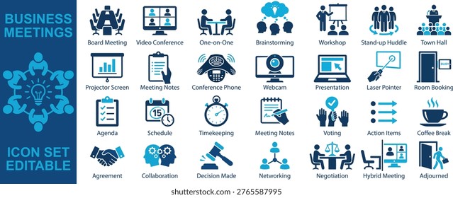 Business Meetings and Corporate Collaboration solid icon set. Featuring Board Meeting Video Conference Brainstorming Workshop Presentation and Negotiation. Editable vector icons for office management and team workflows.