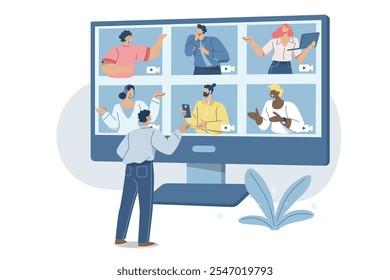 Reuniões de negócios, Conversações em grupo usando chamadas de vídeo, Trabalho em equipe remoto usando vídeo on-line, Amigos estão conversando via videoconferência, Comunicação ao vivo, Trabalho remoto com tecnologia.

