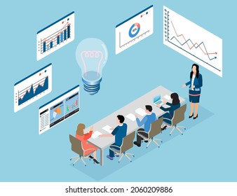 Business meetting brainstorming and anlysis for management and new project. Leader present report and monotoring on screen