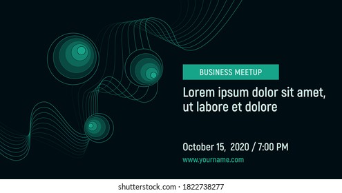 Business Meetup With Abstract Elements And Contact Data On A Dark Background. Light Green Vector Template For The Webinar, Conference, Flyer, Meetup, Party, Event, Web-header