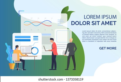 Business men analyzing financial charts and sample text. Analysis, management, technology concept. Presentation slide template. Vector illustration for topics like business, analytics, finance