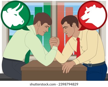 business men arm wrestling on office desk bull vs bear market with bar graph in the background