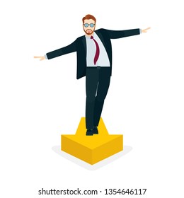 Business men balancing on arrow.  Male in corporate suit vector illustration. Part of set.

