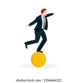 Business men balancing on golden sphere.  Male in corporate suit vector illustration. Part of set.