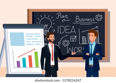 business men and chalkboard with business plan graphics vector illustration design