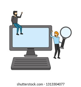business men with computer and loupe