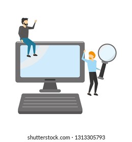 business men with computer and loupe