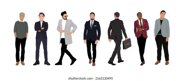Business men in different poses, walking and standing, wearing formal suits and smart casual outfit, front, side and back view. Multiracial business team. Set of people isolated on white background.